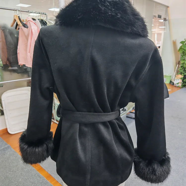 Women Faux Wool Short Coat Faux Fur Collar Cuffs Patchwork Lace-Up Coats Elegant Loose Luxury Ladies Autumn Winter Outerwear