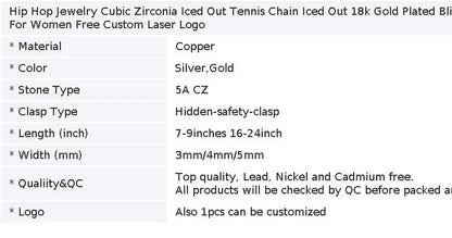Gioielli Hip Hop Cubic Zirconia ghiacciata Catena da tennis ghiacciata Collana bling placcata oro 18 carati per le donne Logo laser personalizzato gratuito