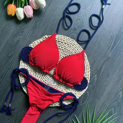 Costume da bagno sexy da donna in tinta unita, due pezzi, triangolare, con corda intrecciata, set bikini, costume da bagno da spiaggia, Biquinis brasiliani platinumshop