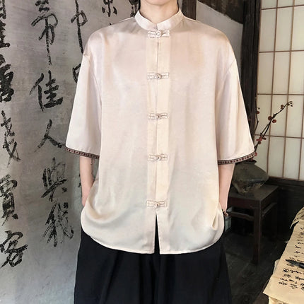 Camicie retrò da uomo, estive, eleganti, larghe, casual, leggere, sottili, traspiranti, in stile cinese, vintage, con calligrafia tradizionale.