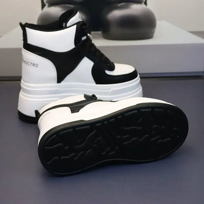 10CM 12CM 14CM High Top Leather Women Autumn Spring Platform Wedge Women Fashion Sneakers Chunky Shoes Vulcanize Skateboard - PlatiNum