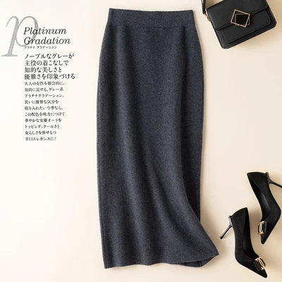 100% pure wool skirt new women's autumn and winter mid-length high-waisted thin cashmere skirt knitted all-match hip skirt PlatiNum