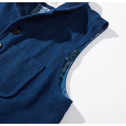 Vintage Lapel Waistcoat Men Autumn Winter New Kendo Fabric Multi-pocket Indigo Jacket Suit Vest Handmade Blue Dyed Cardigan Coat
