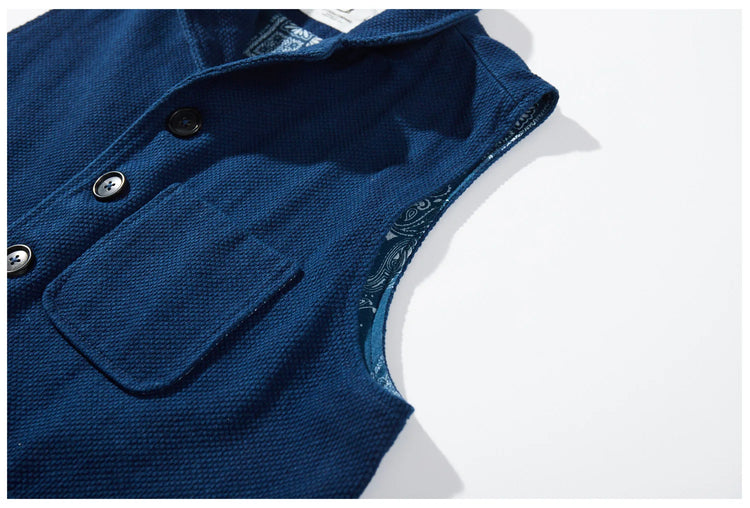 Vintage Lapel Waistcoat Men Autumn Winter New Kendo Fabric Multi-pocket Indigo Jacket Suit Vest Handmade Blue Dyed Cardigan Coat