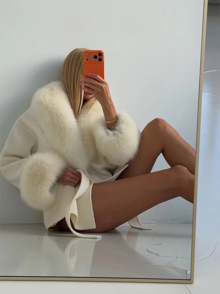 Women's Solid Color Lace Up Fur Collar Woolen Overcoat Bathrobe Style Long Loose Coat Advanced Atmosphere Autumn Winter Overwear