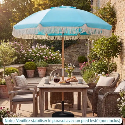 Garden Parasol with Fringes, 180cm, Wooden Parasol with 8 Sturdy Ribs, Adjustable Tilt, Automatic Opening, Bohemian Style, Blue