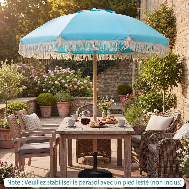 Ombrellone da Giardino con Frange, 180cm, Ombrellone in Legno con 8 Stecche Robuste, Inclinazione Regolabile, Apertura Automatica, Stile Bohémien, Blu