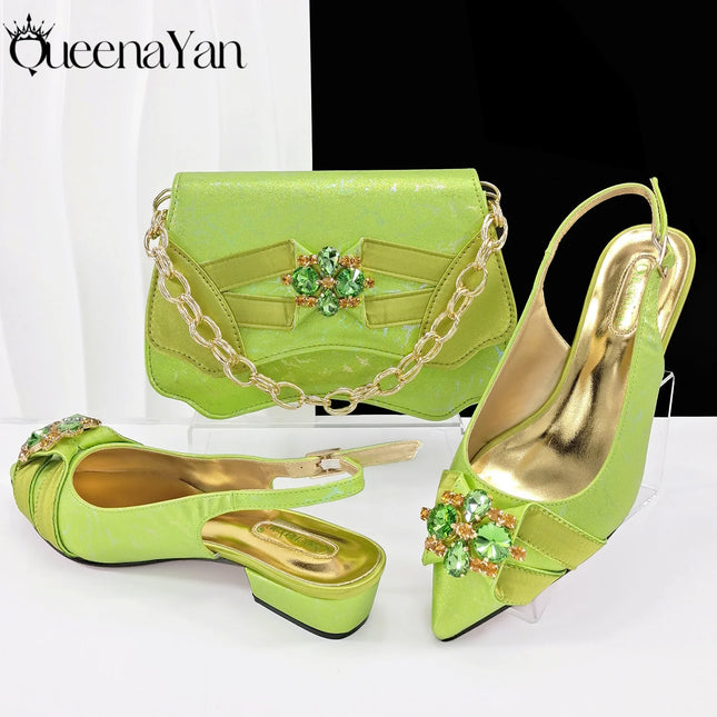 Queena Yan Elegante set di borse con strass a punta blu e tacco basso per calzature e accessori per feste di matrimonio di lusso da donna