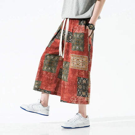 Pantaloncini da uomo estivi Stampa Pantaloni da spiaggia traspiranti a gamba larga Pantaloni larghi casual alla moda Vita elastica Comodi pantaloni al polpaccio da uomo