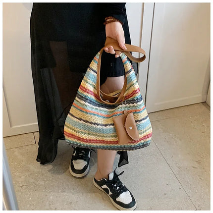 Hand-Woven Large Capacity Tote Bag for Women, Fashionable Commuter Bag, INS Style, Beach Bag for Daily Travel