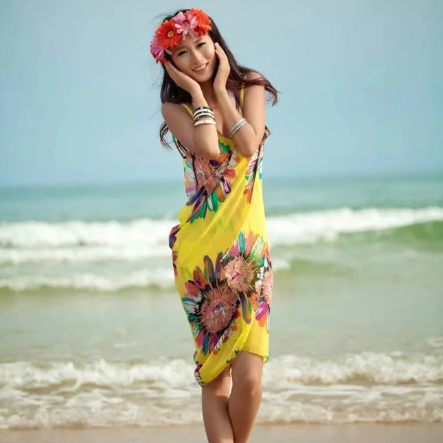 Copricostumi stampati Abito da spiaggia sexy Donna Halter Sling Chiffon Asciugamano da spiaggia Bikini Wrap Pareo Gonne Costumi da bagno aperti sul retro platinumshop