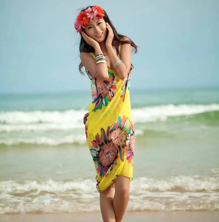 Copricostumi stampati Abito da spiaggia sexy Donna Halter Sling Chiffon Asciugamano da spiaggia Bikini Wrap Pareo Gonne Costumi da bagno aperti sul retro platinumshop