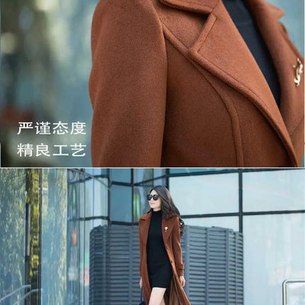 New Women's Spring Autumn Winter Woolen Coat Slim  Long Over The Knee Lining Woolen Windbreaker Outerwear Match Belt Female