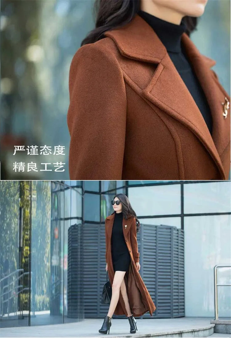 New Women's Spring Autumn Winter Woolen Coat Slim  Long Over The Knee Lining Woolen Windbreaker Outerwear Match Belt Female