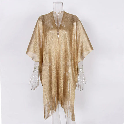 Abito copricostume da spiaggia lavorato a maglia trasparente con nappe sexy con frange Tunica in rete lucida per costumi da bagno da donna Abito da spiaggia leggero con copertura in rete platinumshop