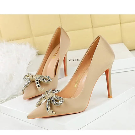 BIGTREE Street Style Lusso Fiocco con strass con punta a punta Tacco sottile Bicchiere da vino in seta Tacchi alti Décolleté da donna