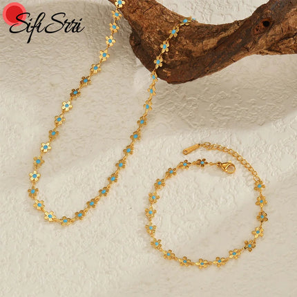 Sifisrri Set di gioielli con bracciale a catena con fiore blu olio vintage per donna, ragazza, regalo di San Valentino alla moda in acciaio inossidabile platinumshop