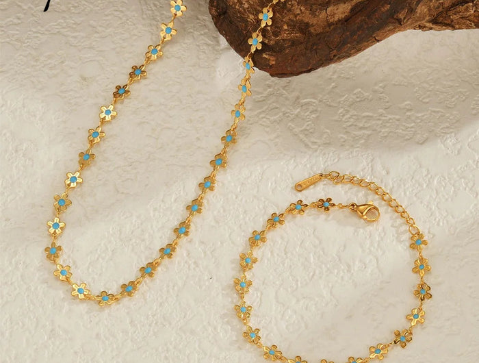 Sifisrri Set di gioielli con bracciale a catena con fiore blu olio vintage per donna, ragazza, regalo di San Valentino alla moda in acciaio inossidabile platinumshop