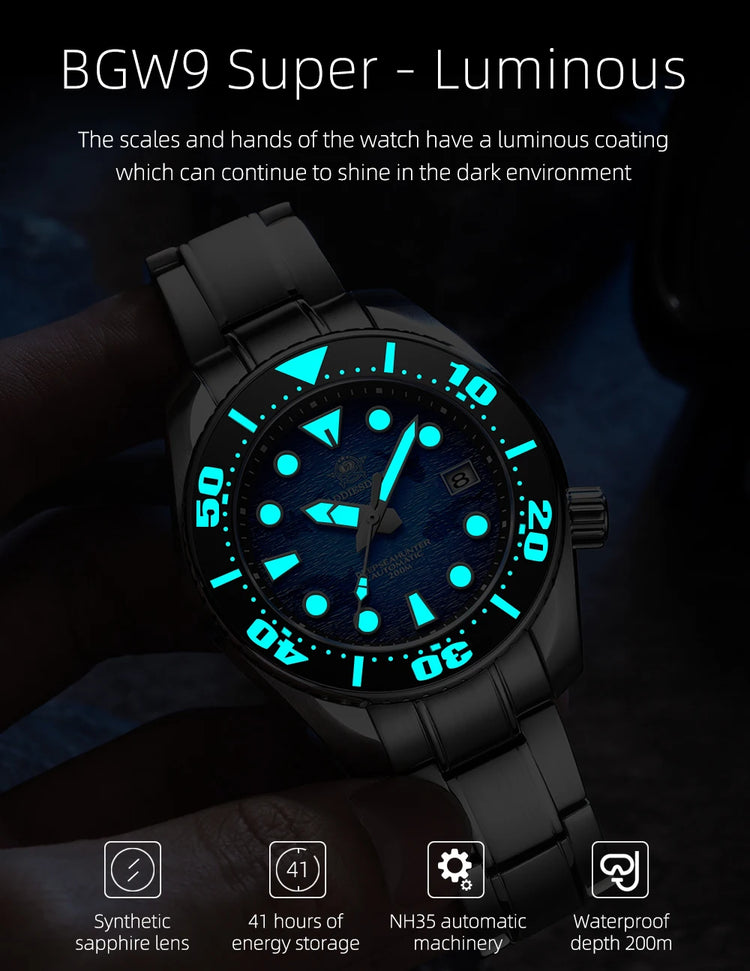 ADDIESDIVE Watches For Men Sapphire Luxury NH35 Mechanical Wristwatch 200m Waterproof Ceramic Bezel BGW9 Luminous Diving Watch