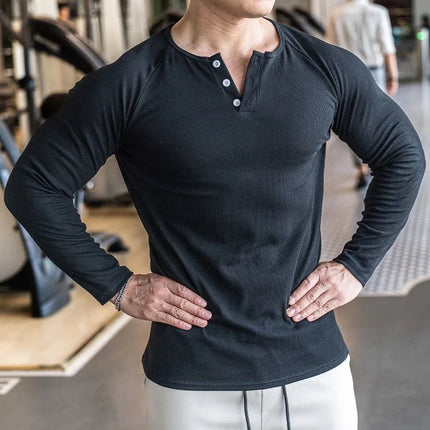 Men Sports High-Elastic Fitness Long Sleeve T-Shirt 2025 Autumn New Slim Fit Henley Collar Tshirt Men Streetwear Casual T-Shirt PlatiNum