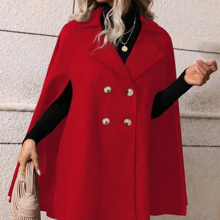 Ladies Mid Length Cape Coat Round Neck Double Breasted Metal Buttons Sleeveless Loose Cloak Outer Jacket For Party