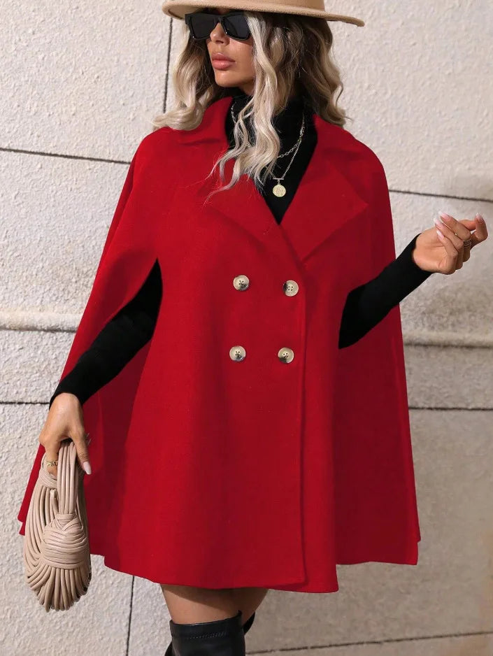 Ladies Mid Length Cape Coat Round Neck Double Breasted Metal Buttons Sleeveless Loose Cloak Outer Jacket For Party