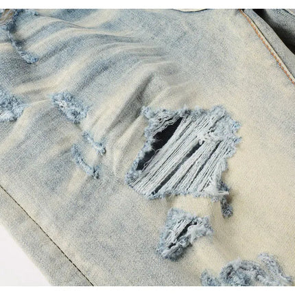 Designer High Street Fashion New Light Blue Men's Jeans Stretch Slimming White Leather Patch Hip Hop Brand Pants HombreY2K PlatiNum