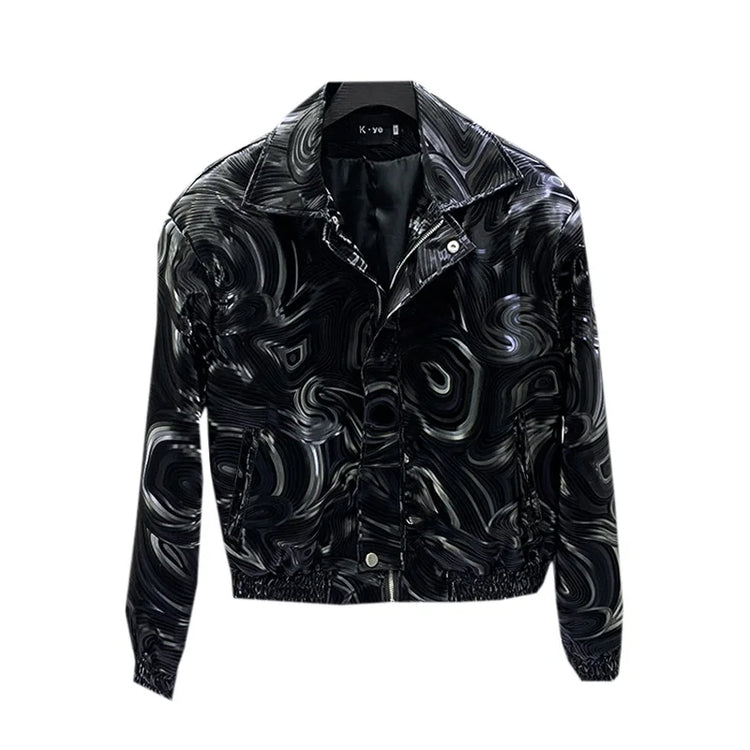 Mauroicardi Spring Autumn Cool Short Black Shiny Geometric Faux Leather Jacket Men Zipper Stylish Luxury Designer Clothes
