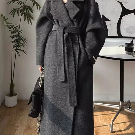 Korean Fashion Dark Gray Stand Collar 100%Wool Coat Women Long Winter Jacket