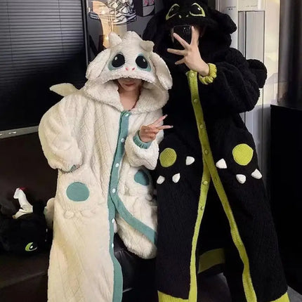 Anime Toothless Boy and Girl Winter Pajama Robe Kawaii Y2K Role-Playing Birthday Gift Thick Coral Velvet Warm Home Clothes Set