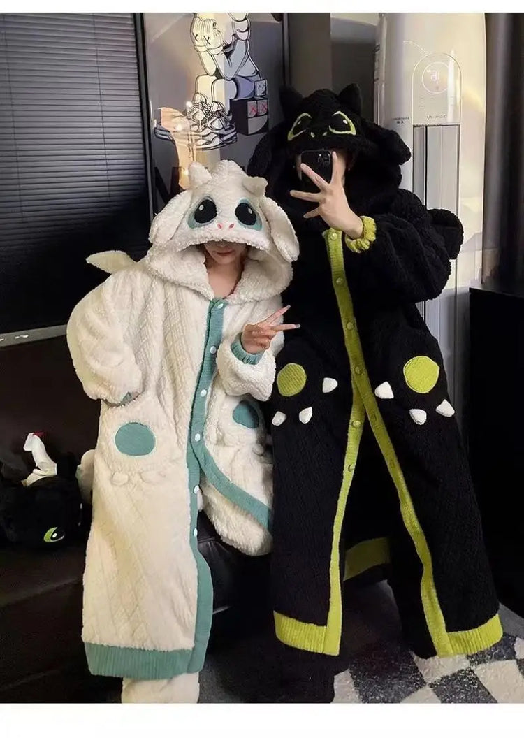 Anime Toothless Boy and Girl Winter Pajama Robe Kawaii Y2K Role-Playing Birthday Gift Thick Coral Velvet Warm Home Clothes Set