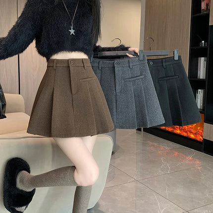 Gidyq Women Wool Mini Skirt Casual Korean Female High Waist Pleated Skirt Harajuku Fashion Streetwear Thick A Line Skirts New PlatiNum
