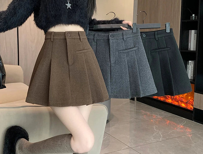 Gidyq Women Wool Mini Skirt Casual Korean Female High Waist Pleated Skirt Harajuku Fashion Streetwear Thick A Line Skirts New PlatiNum