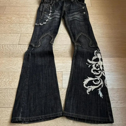 Jeans Strappati Stile Retrò Americano Y2k per Donne, Pantaloni in Denim con Due Aperture, Casual Goth Streetwear a Gamba Larga e Vita Alta