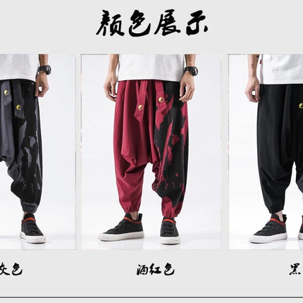 Pantaloni alla moda da uomo Samurai giapponese Ukiyo-e Cintura con stampa Pantaloni stile harem da uomo in cotone e lino Casual Oversize Harajuku Pantaloni a gamba larga da uomo
