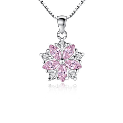 925 Sterling Silver Pink Crystal Flower Pendant Chain Necklace For Women Elegant Luxury Quality Jewelry Accessories Jewellery PlatiNum