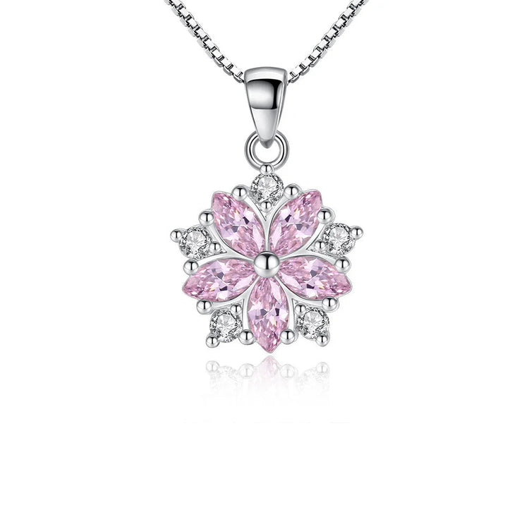 925 Sterling Silver Pink Crystal Flower Pendant Chain Necklace For Women Elegant Luxury Quality Jewelry Accessories Jewellery PlatiNum