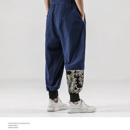 Pantaloni da uomo Costume da samurai giapponese Ukiyo-e Cintura con stampa Pantaloni stile harem da uomo in cotone e lino Pantaloni casual Harajuku da uomo Taglie forti 5XL