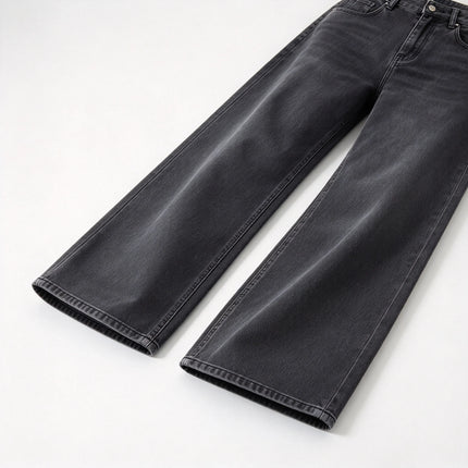 Women’s high-waisted, wide-leg jeans in smoky grey with a uniform wash; elegant, minimalist, relaxed-fit wide-leg denim, suitable for casual office wear and everyday outings FX-1338-5