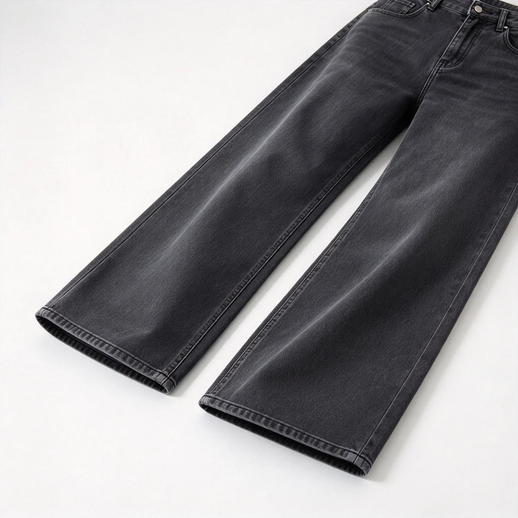 Women’s high-waisted, wide-leg jeans in smoky grey with a uniform wash; elegant, minimalist, relaxed-fit wide-leg denim, suitable for casual office wear and everyday outings FX-1338-5