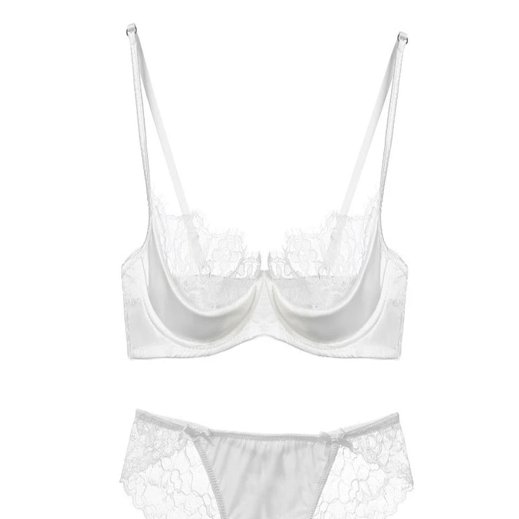 MOYISU No‑Wire French Lace Half‑Cup Bra Set Women Ultra‑Thin Transparent Green Lingerie, Daily Brassiere 32‑38 AB for Small Bust