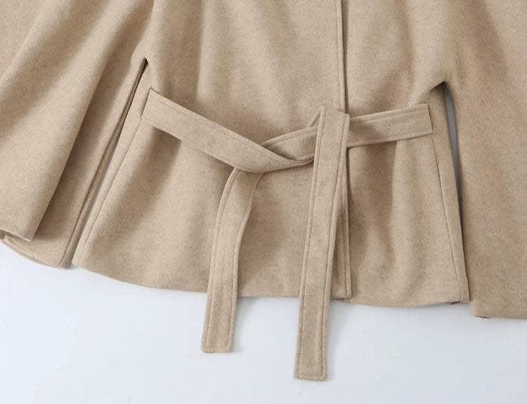 Women Fall Winter Elegant Blended Belt Coat Cape Style Stand-Collar Cloak Coat KONDALA 2026 Trendy Vintage Casual Chic Lady Coat