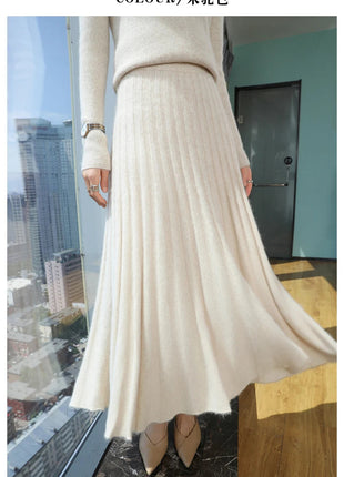Autumn And Winter Fashion Mink Cashmere Mid Length High Waist Skirt For Women, Knitted Umbrella Skirt, Fashionable Pleated Skirt PlatiNum