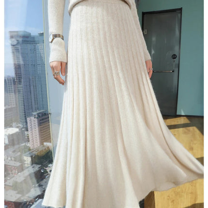 Autumn And Winter Fashion Mink Cashmere Mid Length High Waist Skirt For Women, Knitted Umbrella Skirt, Fashionable Pleated Skirt PlatiNum