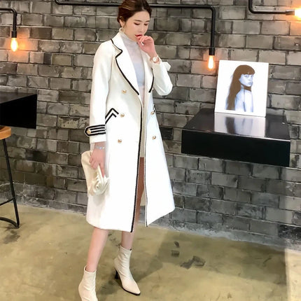 Women White Long Woolen Coat Autumn Winter British Hepburn Style Thicken Slim Double-Breasted Woolen Coat New Women Outwear
