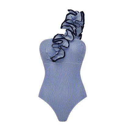 2025 Nuova donna sexy monospalla con volant a righe stampa costume intero e gonna monokini costume da bagno da spiaggia body femminile platinumshop