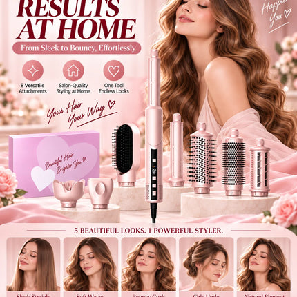 Ukliss Pink 1400W Multi-Styling Negative Ion Hairdryer Comb 8-in-1 Curling Brush Heat Wind Comb Hairdressing Tool