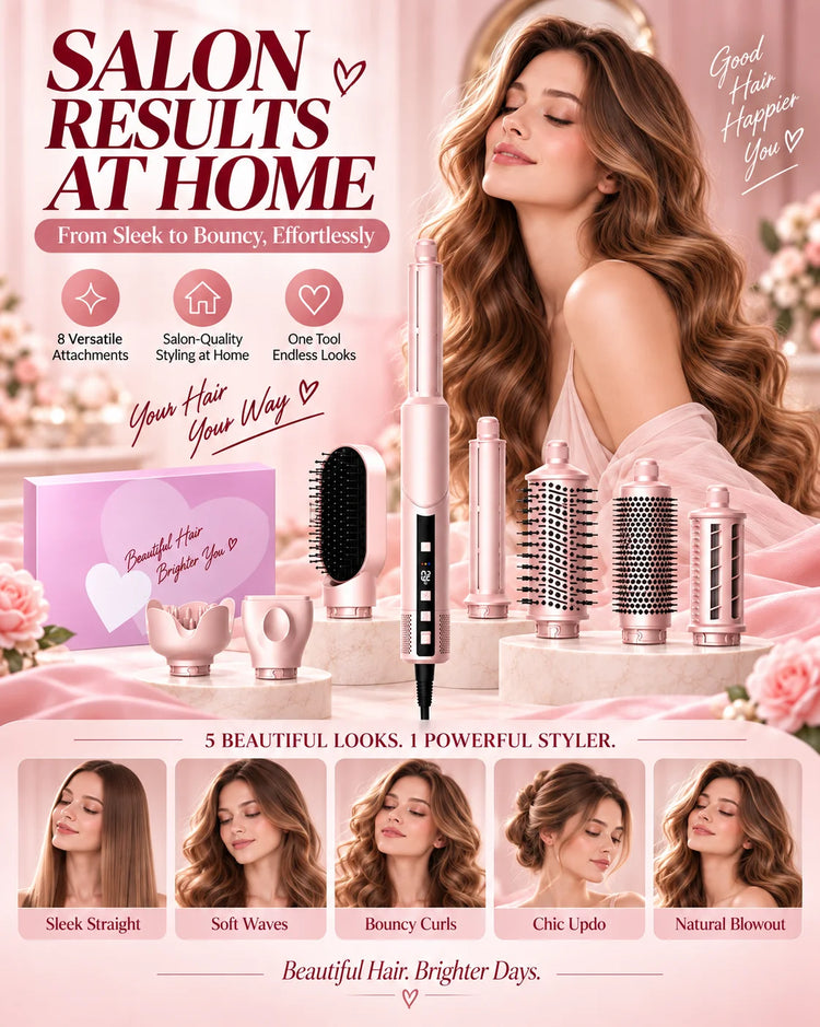 Ukliss Pink 1400W Multi-Styling Negative Ion Hairdryer Comb 8-in-1 Curling Brush Heat Wind Comb Hairdressing Tool