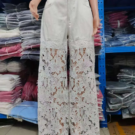 Jeans a Vita Alta e Gamba Larga, Pantaloni Estivi alla Moda con Inserti in Pizzo, Jeans in Denim Traforato e Drappeggiato, Jeans da Donna in Cotone con Cerniera per Primavera