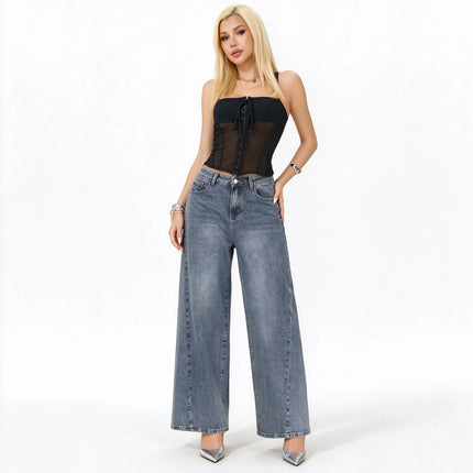 Women's Low Waist Wide Leg Jeans, Grey Blue Washed Denim, Stretchy, Casual Fashion Wide Leg Pants for Female,Yw-1918